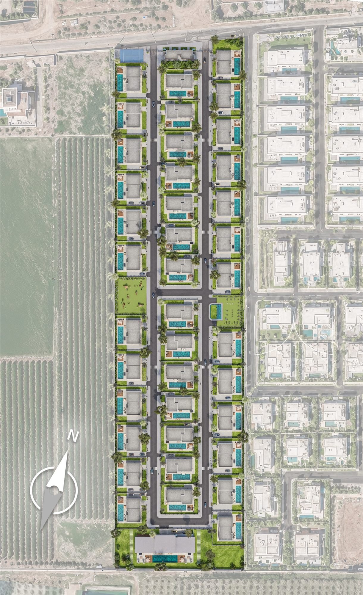 Plan d'aménagement du domaine JAD Signature vu du dessus : trois rangées de villas avec piscines privées, allée plantée, aires de jeux et club-house