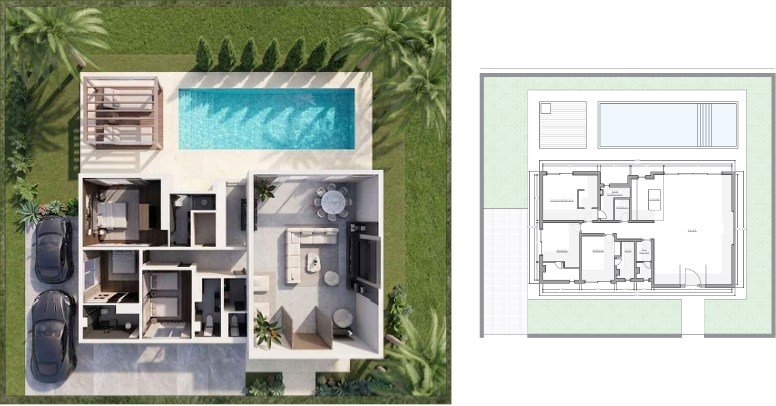 Villa Siena vue du dessus : plan 3D meublé avec piscine et jardin, et plan de niveau technique