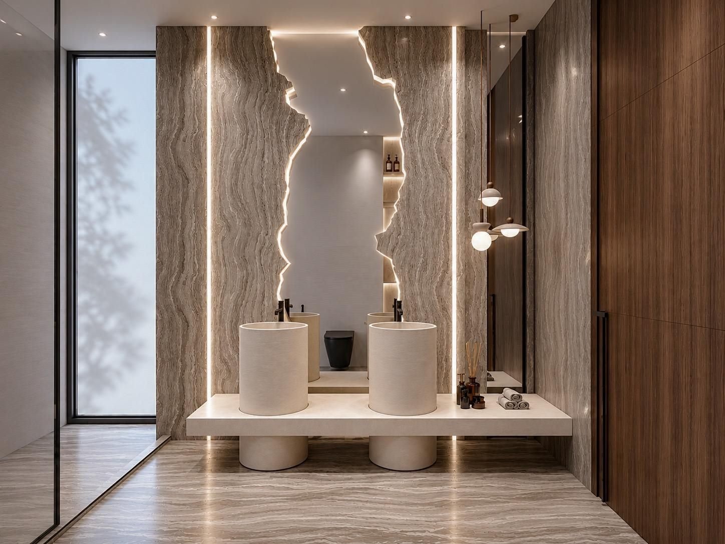 Salle de bain, vasque massive et miroir rétroéclairé